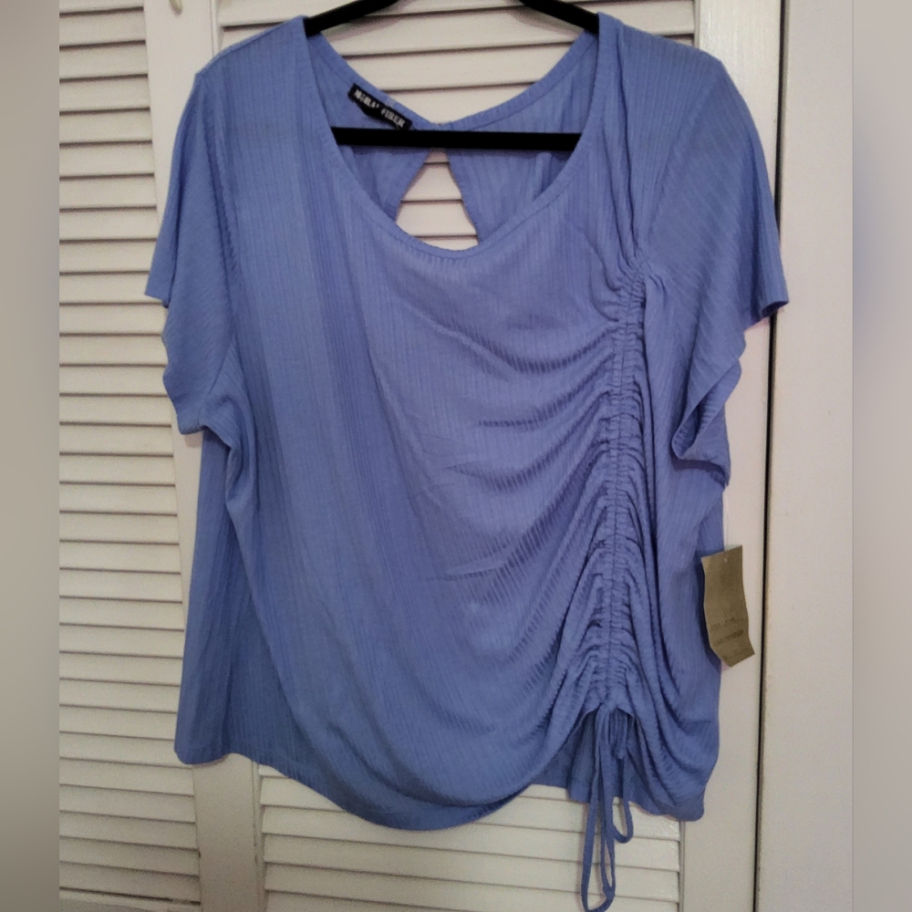 New  Blue Asymmetrical Ruched Blouse